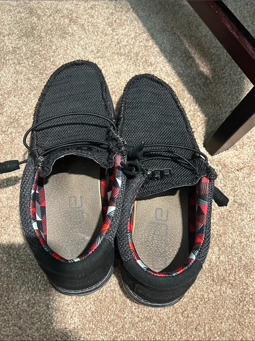 Hey Dude Black Knit Slip-On Loafers with Red-Trim Interior